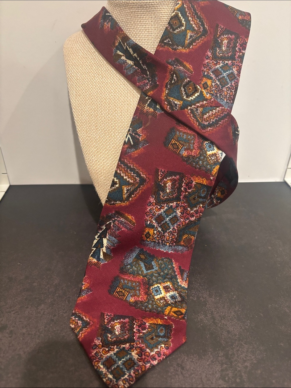 Vintage Hathaway Silk Tie Burgundy Geometric Patchwork Abstract Retro 90s